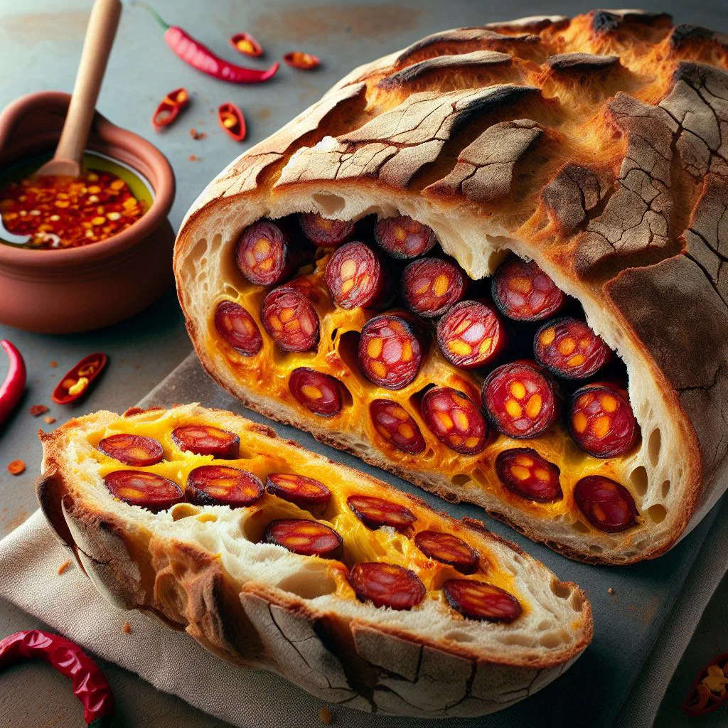 Golden Portuguese chouriço bread loaf, sliced to show spiced sausage filling