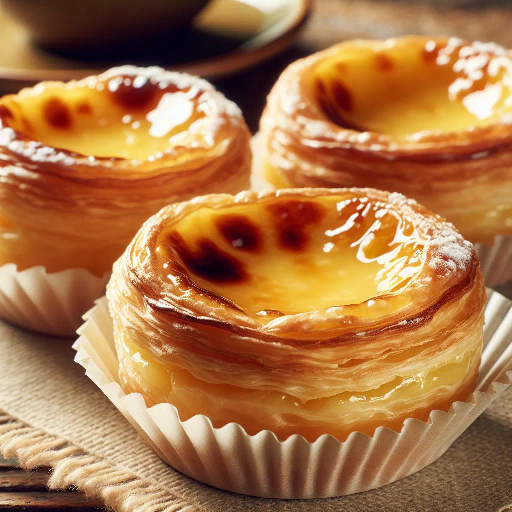 Pastéis de Santa Clara dusted with icing sugar on an elegant plate