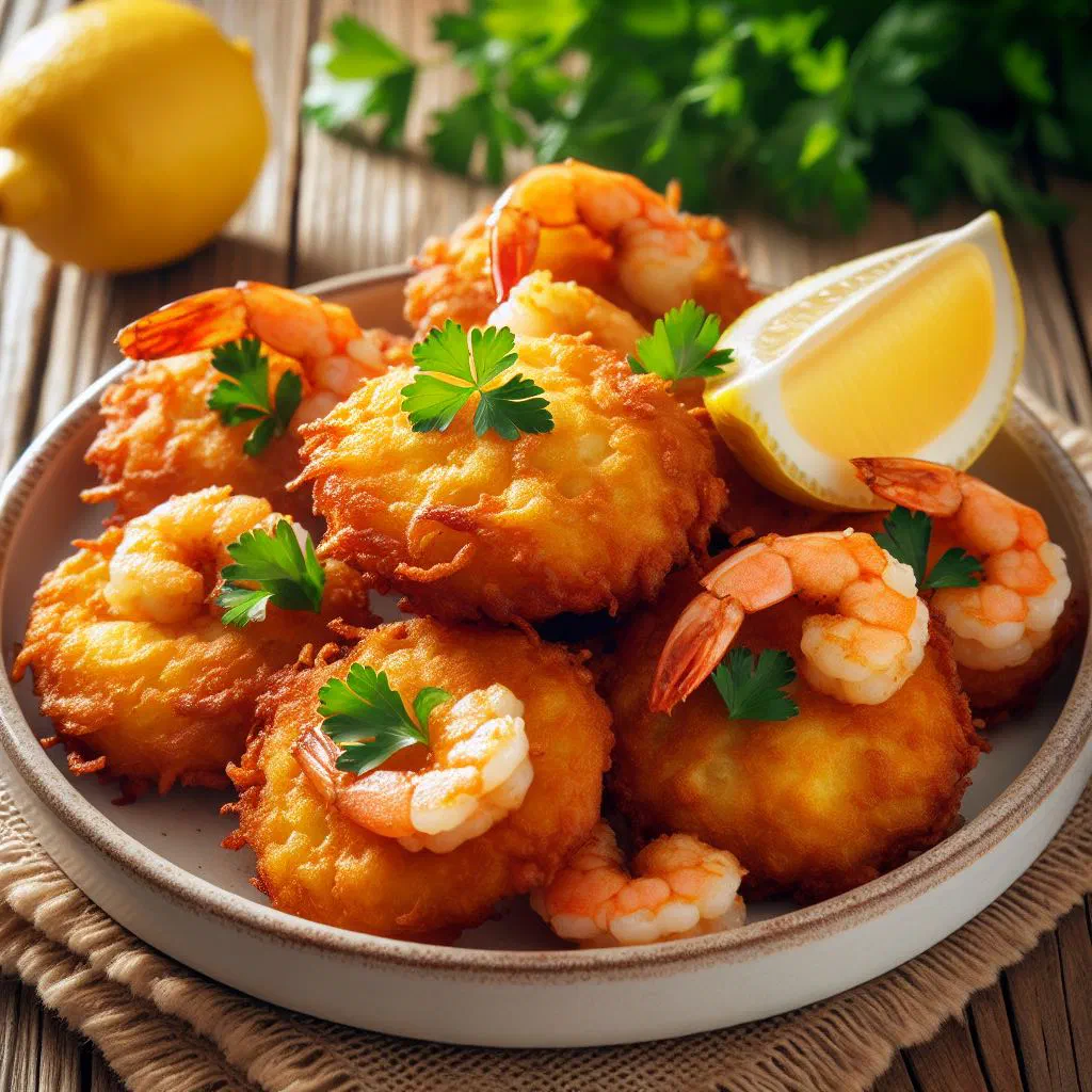 Golden Portuguese prawn fritters served with lemon wedges