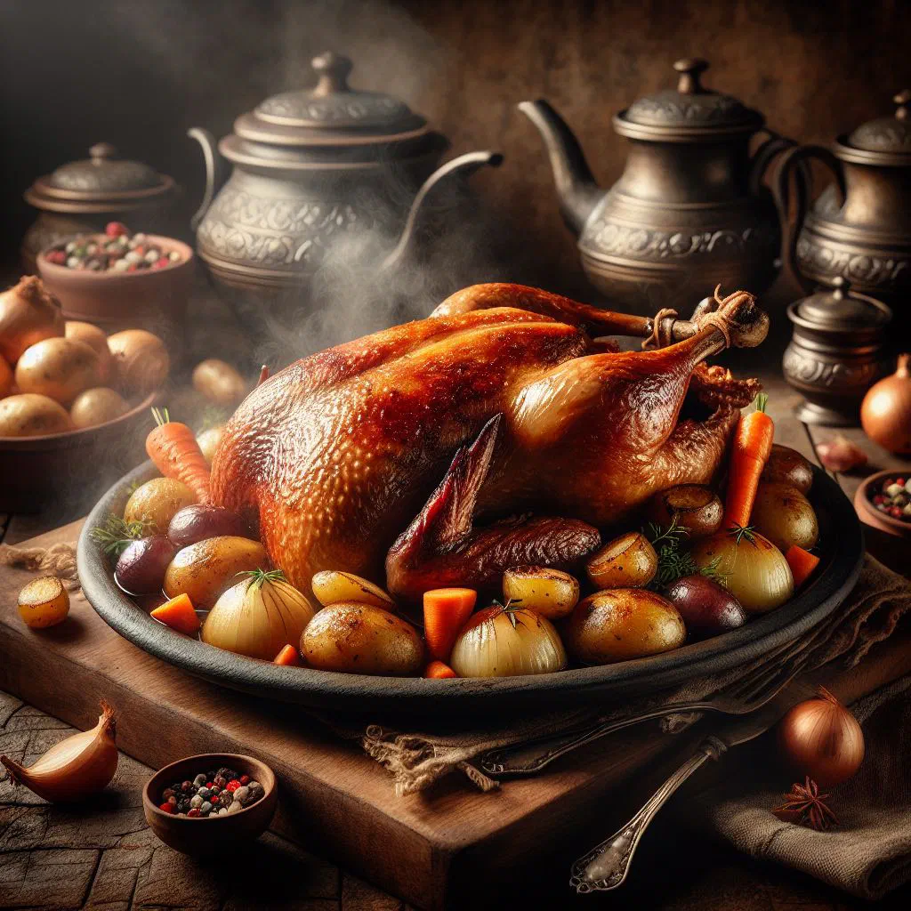 Crispy roast duck Pato à Moda da Bairrada with golden skin and side dishes