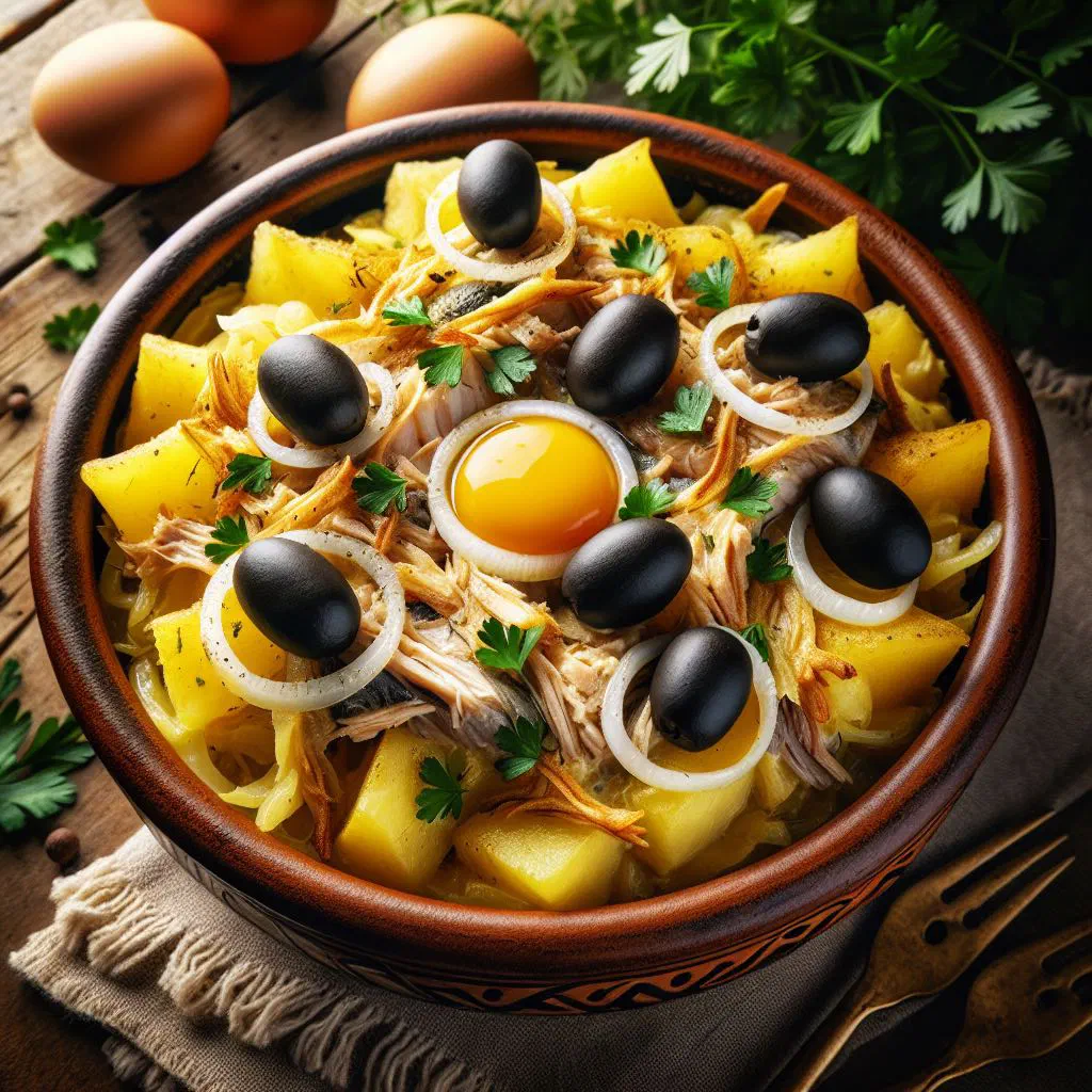Pescada à Brás with shredded fish, golden potato straws and creamy egg, garnished with parsley
