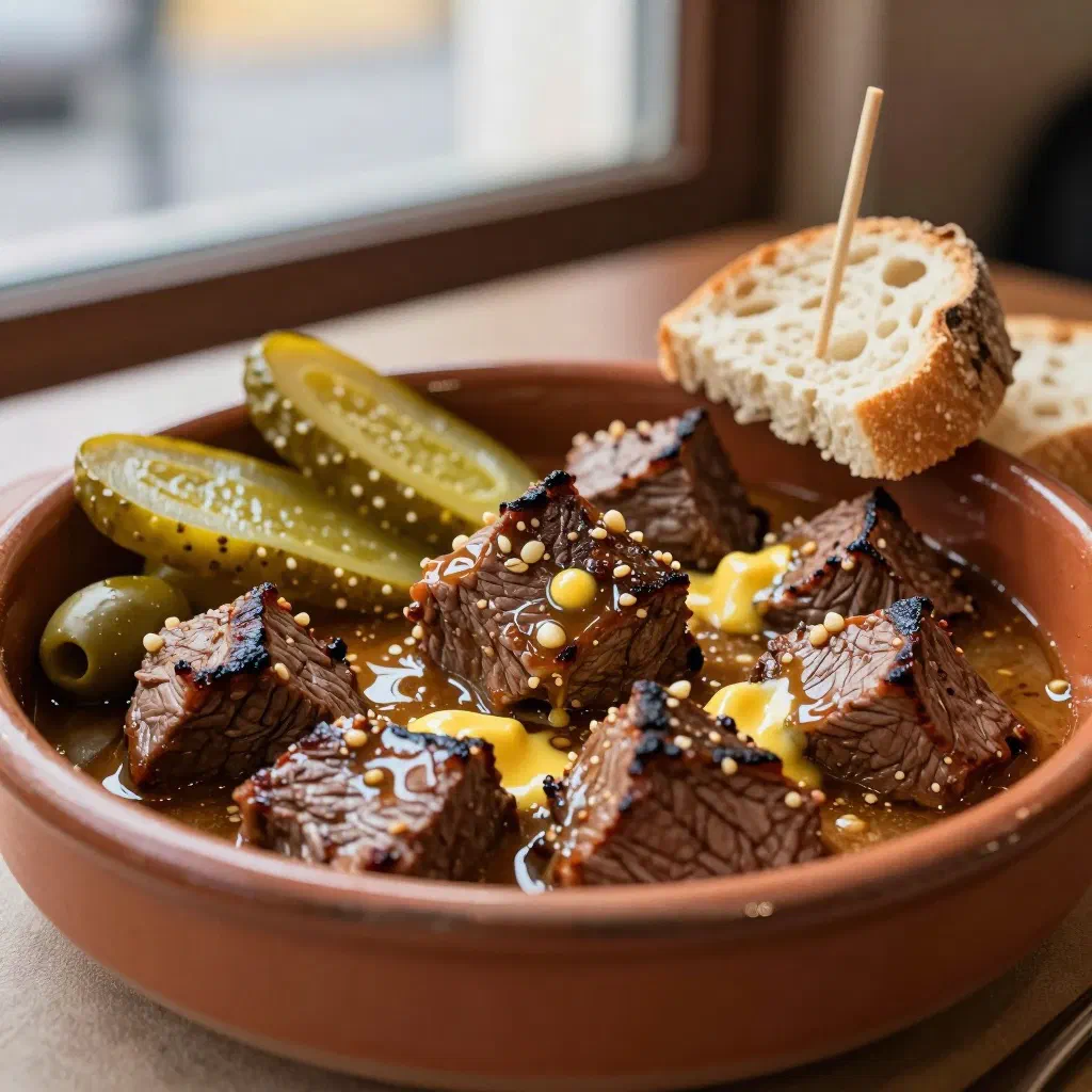Pica-pau de carne with diced meat, onion rings and crusty bread