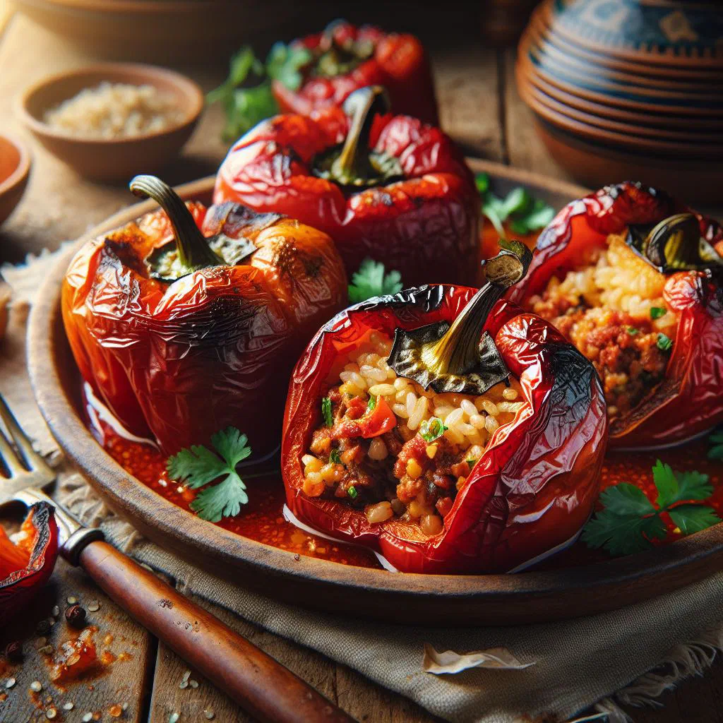 Baked stuffed red peppers topped with their lids and fresh parsley