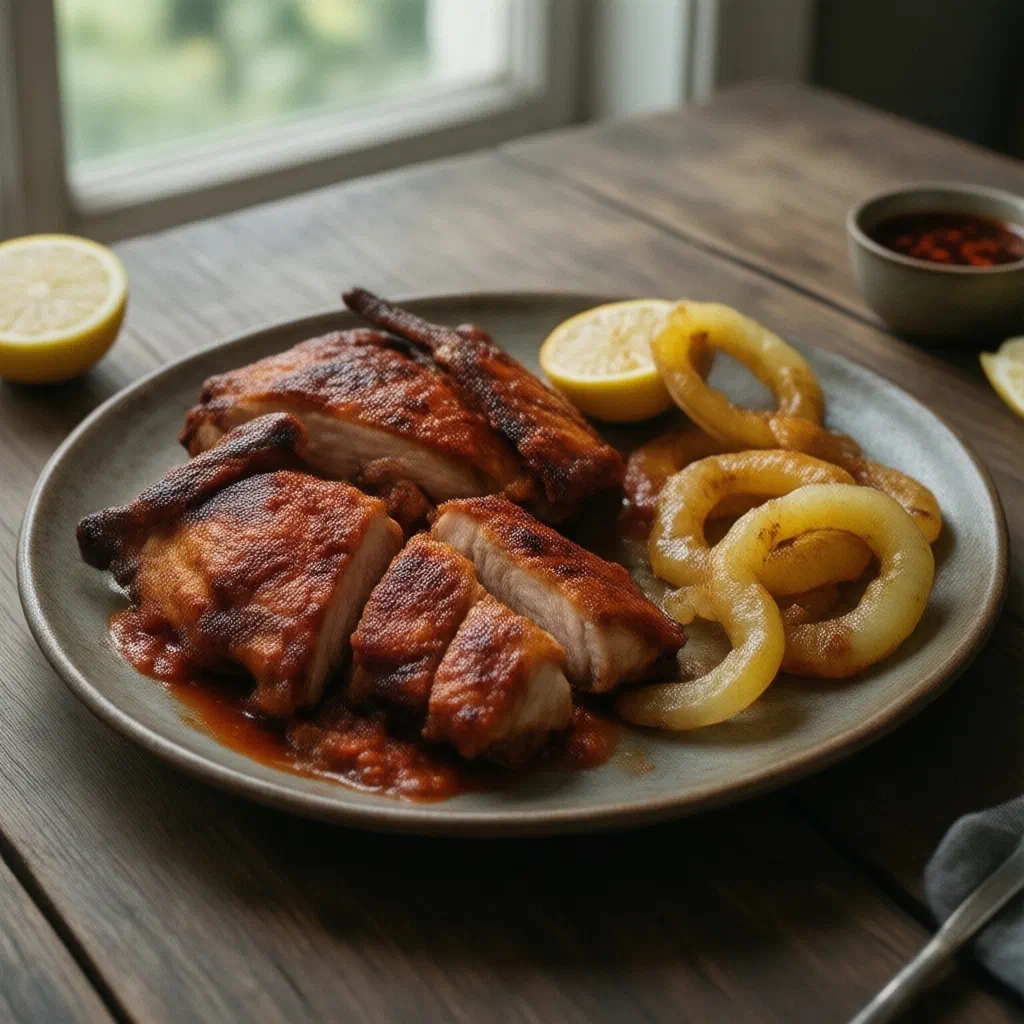 Grilled piri-piri chicken glazed with a fiery red marinade and fresh herbs