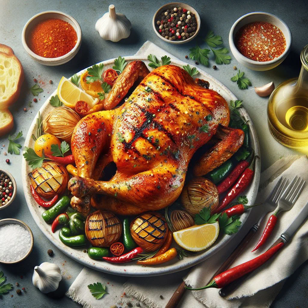 Grilled piri-piri chicken glazed with a fiery red marinade and fresh herbs