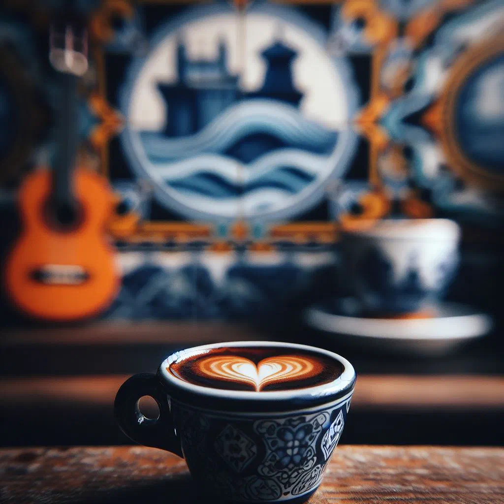 A small cup of Portuguese espresso with golden crema on a saucer