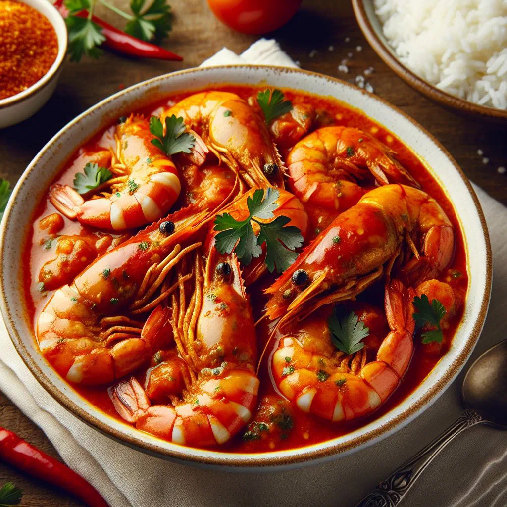 Portuguese prawn curry in coconut sauce garnished with fresh coriander