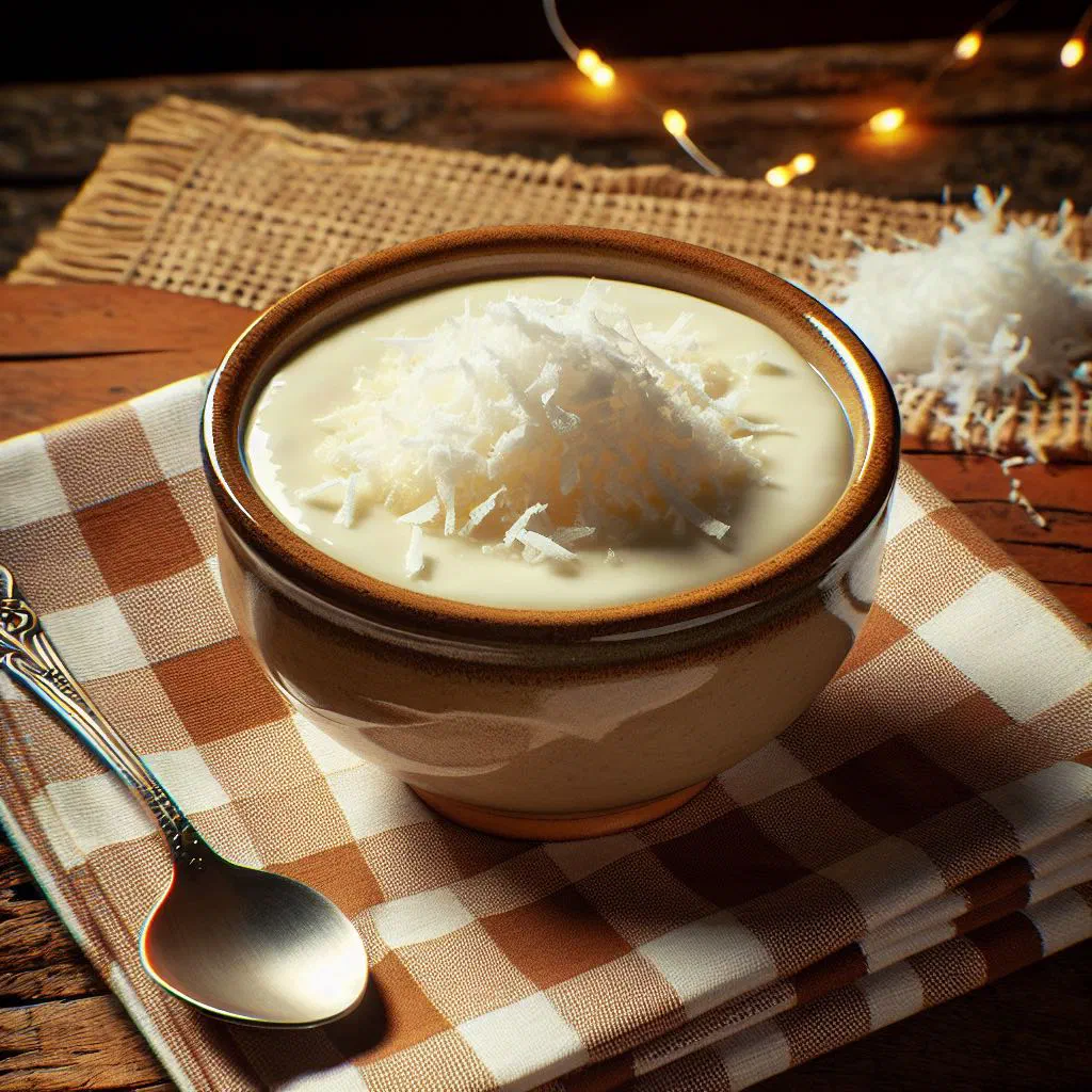 Creamy coconut pudding topped with toasted coconut shavings