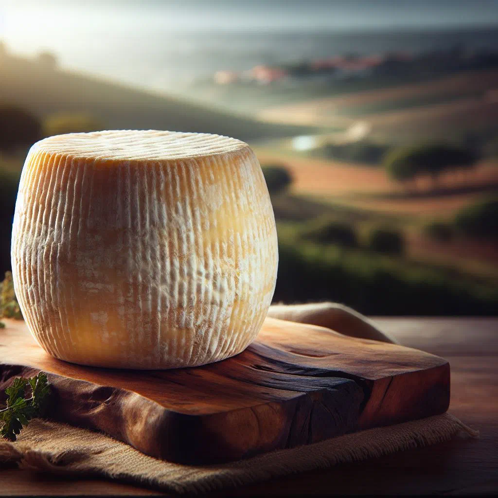 Wheel of creamy Queijo da Serra sheep's cheese served with bread and grapes