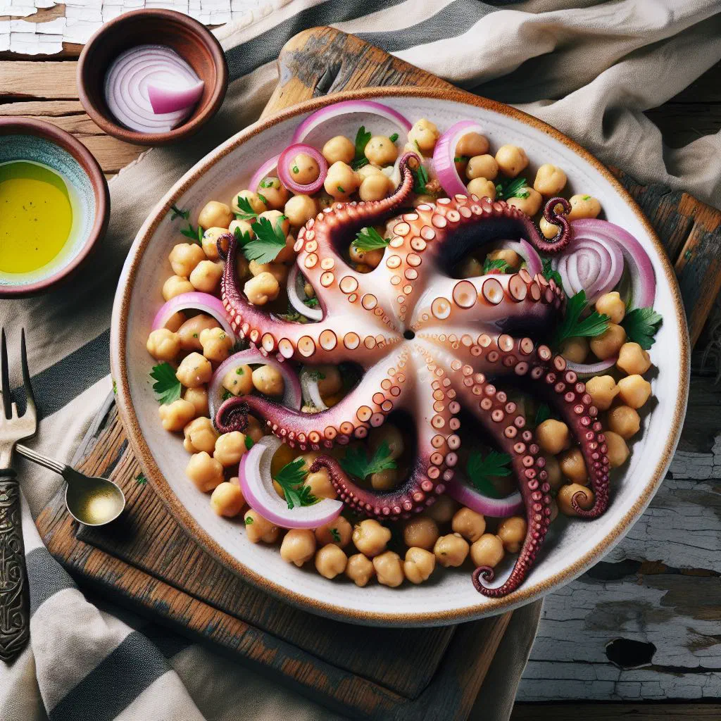 Portuguese octopus and chickpea salad with parsley, onion and lemon