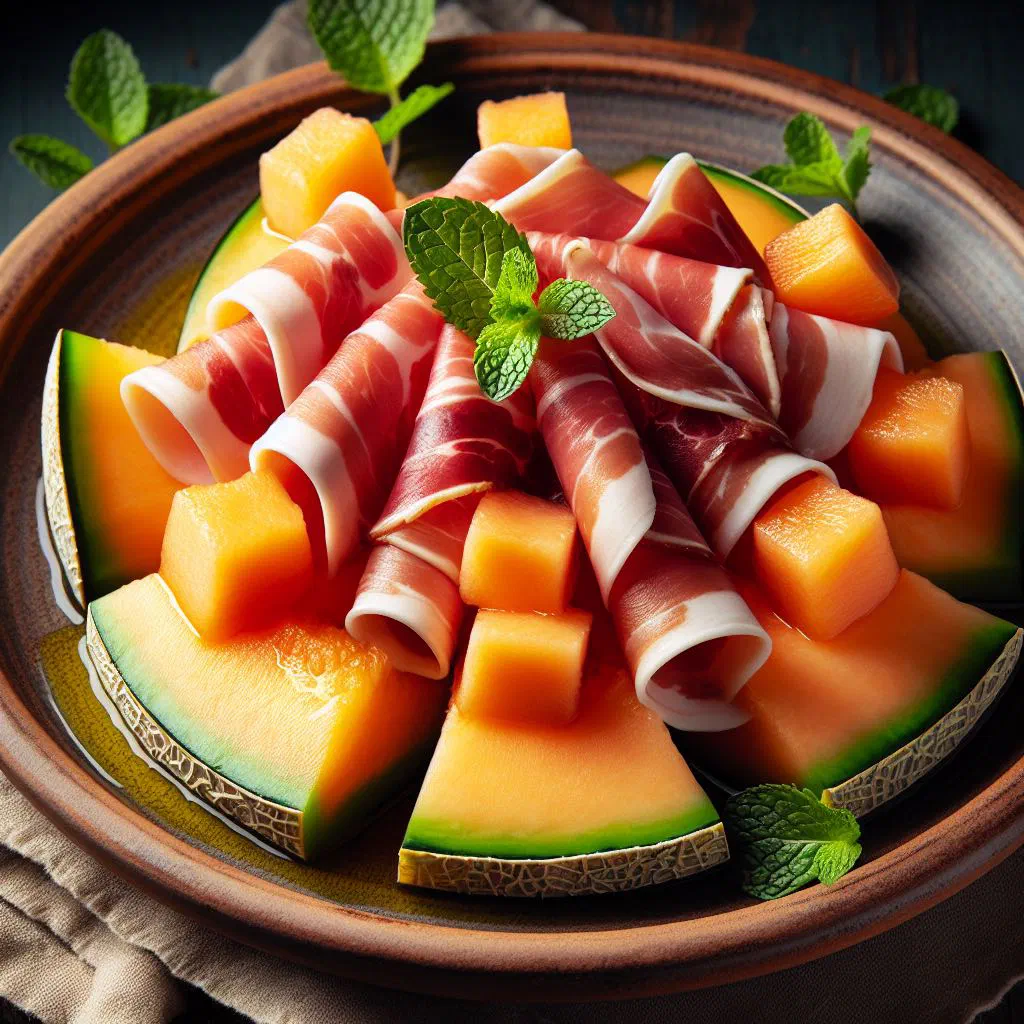 Slices of cured ham draped over fresh melon with mint leaves