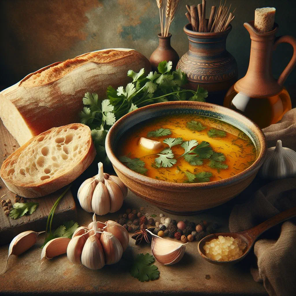 A rustic bowl of Sopa Alentejana with soaked bread, garlic and fresh parsley