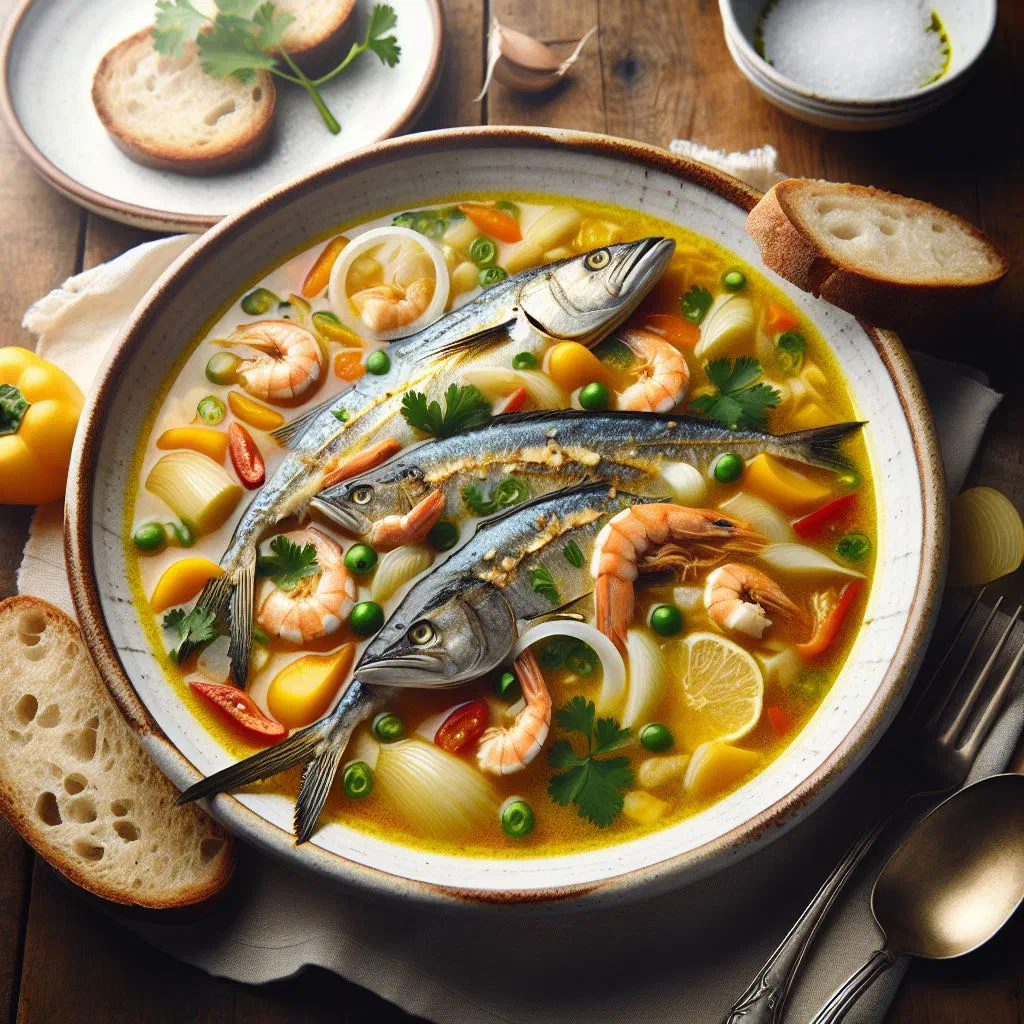 Bowl of Portuguese dogfish soup garnished with fresh coriander