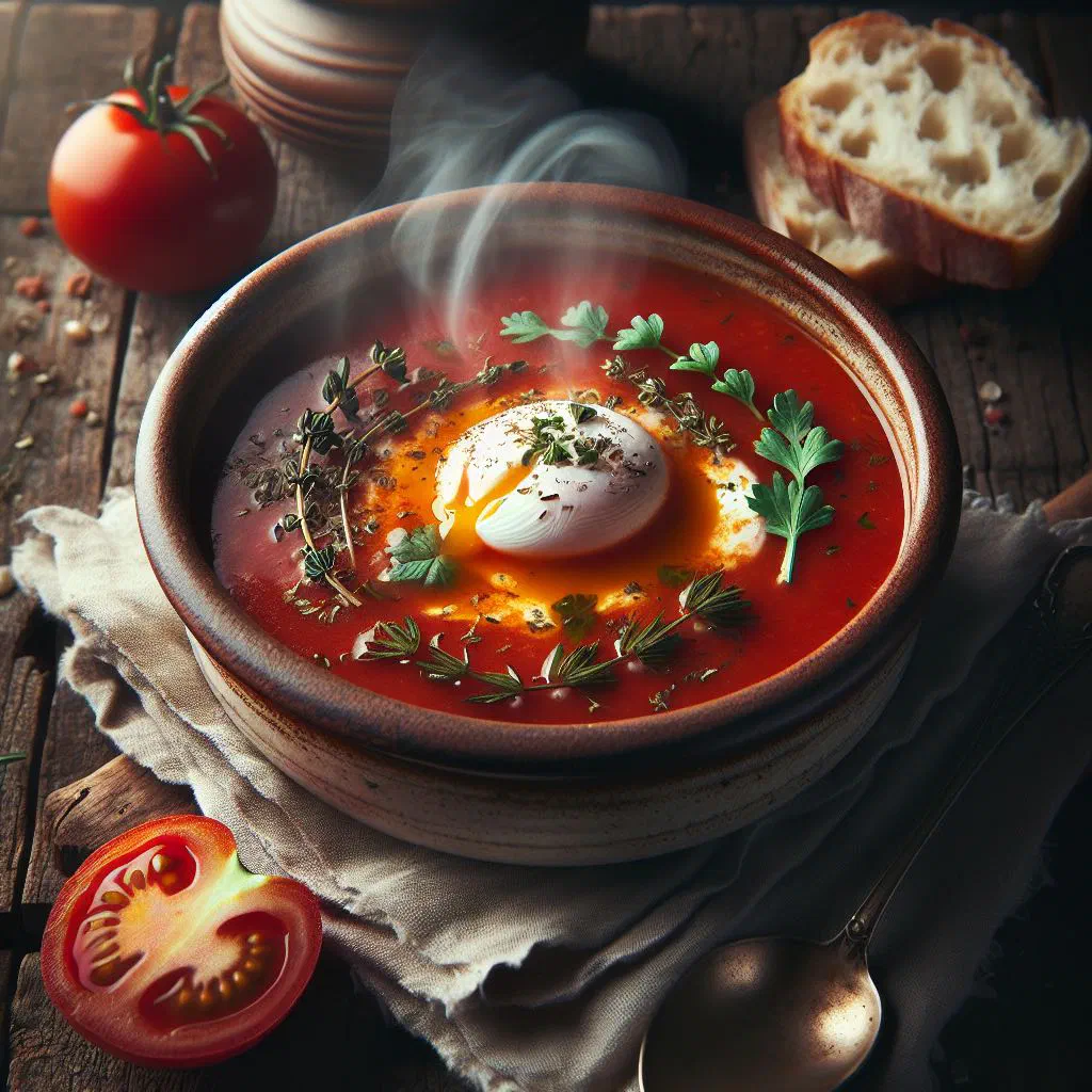 Portuguese tomato soup with poached eggs and fresh herbs