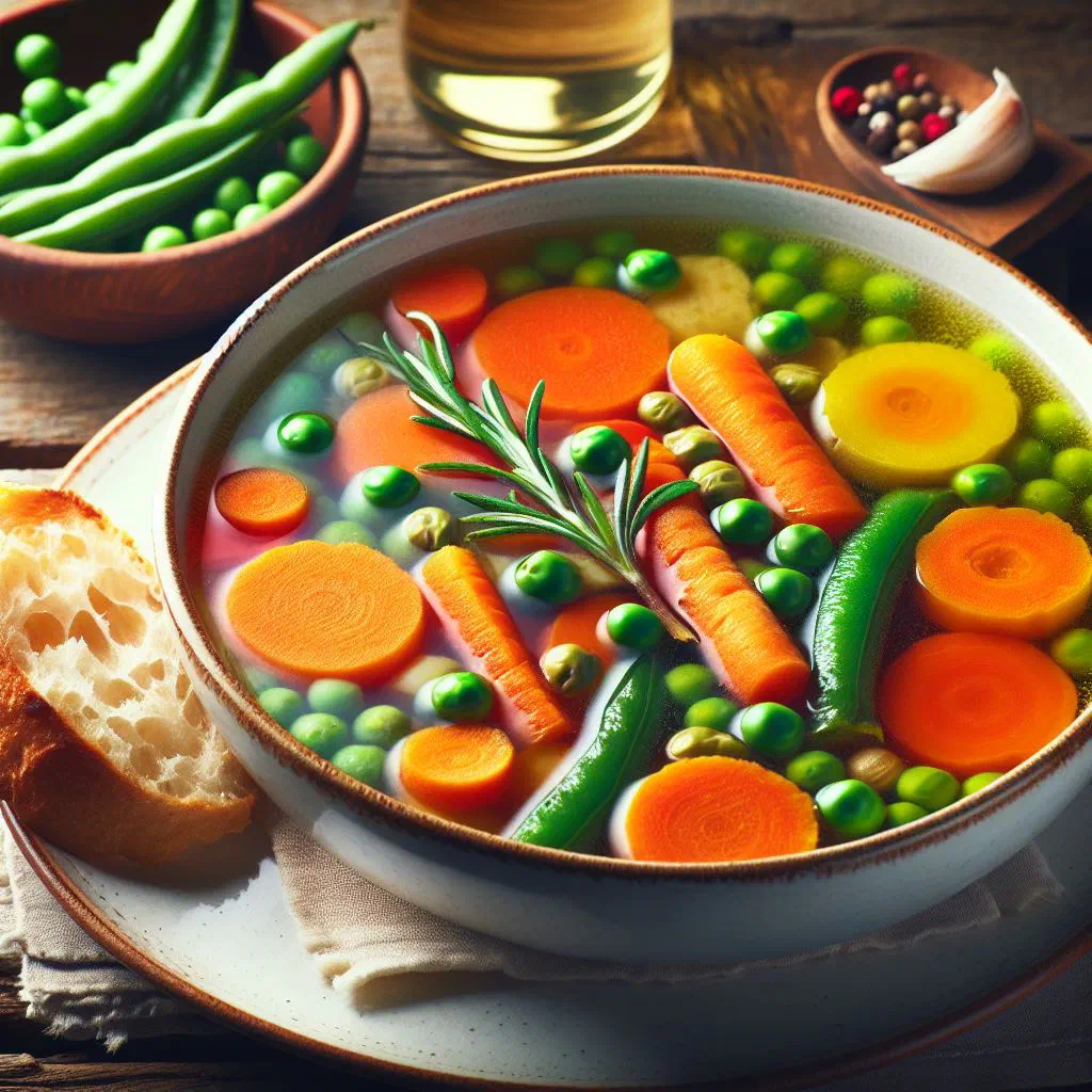 A bowl of Sopa Juliana vegetable soup garnished with fresh parsley