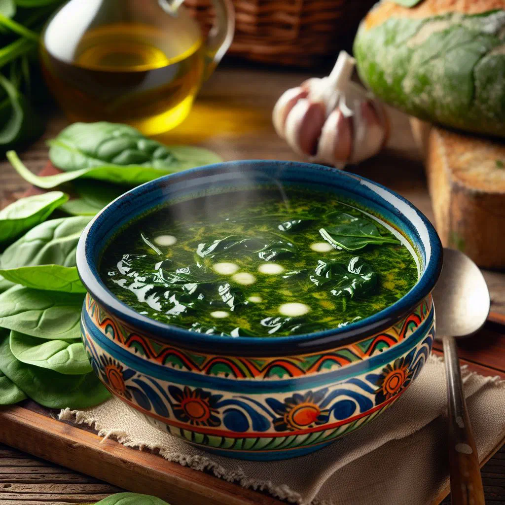 Bowl of creamy Portuguese spinach soup drizzled with olive oil