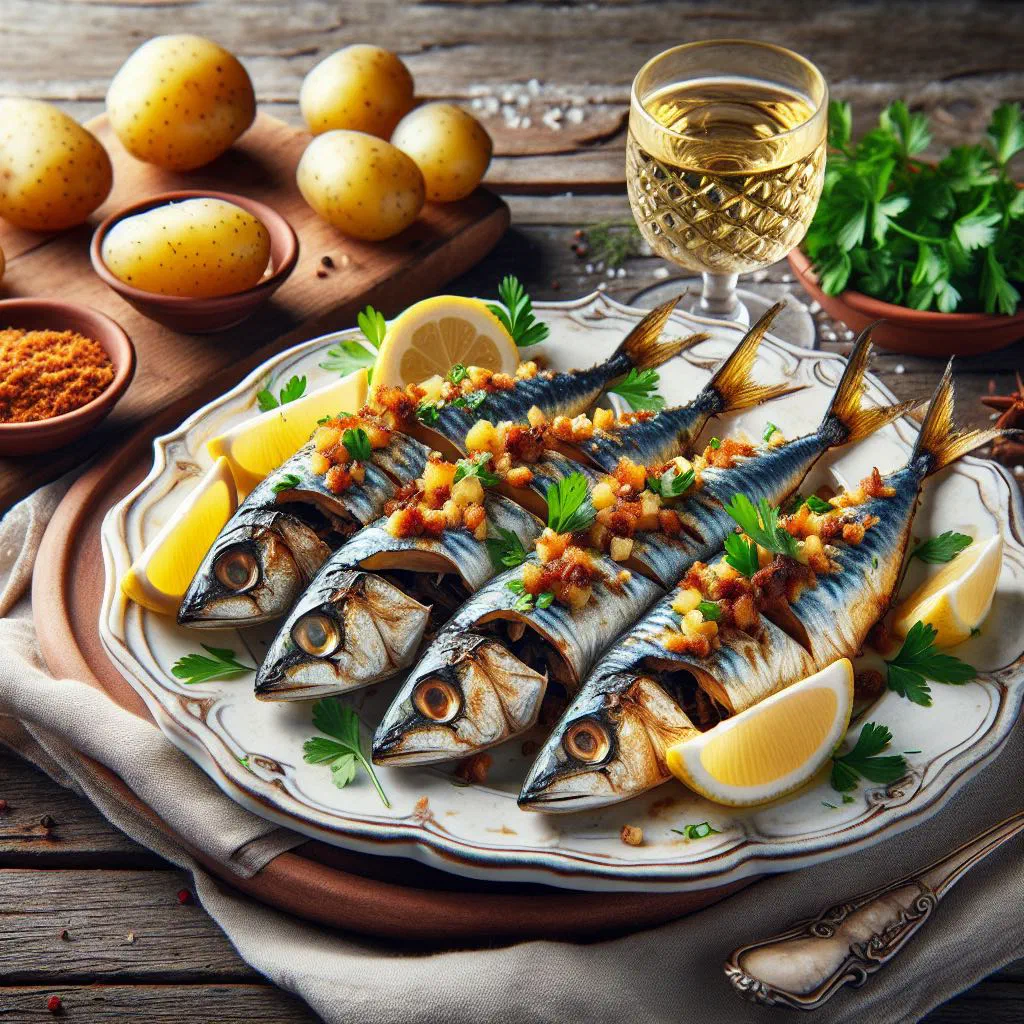 Grilled stuffed sardines on a plate with lemon wedges and fresh parsley