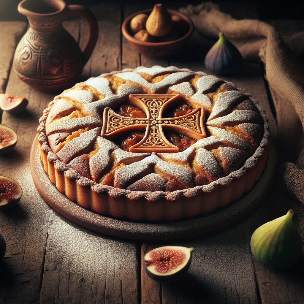 Tarte de Santiago almond cake dusted with icing sugar and the St James cross