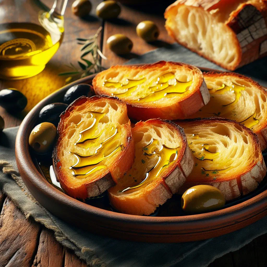 Slices of toasted rustic bread topped with tomato, drizzled with olive oil and garnished with basil
