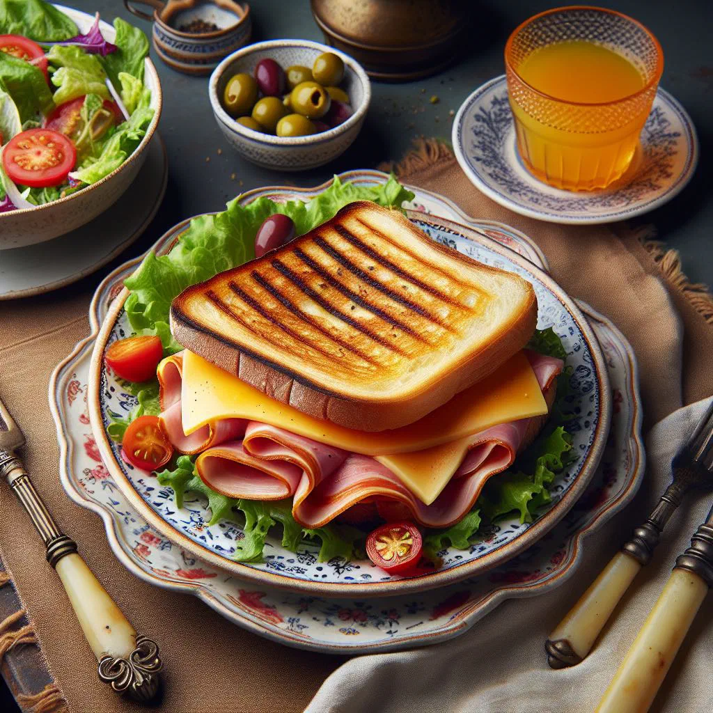 Golden toasted ham and cheese sandwich cut in half on a board