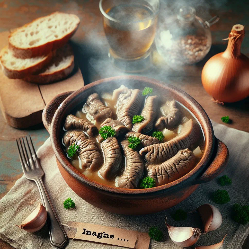 Bowl of Tripas à Alentejana tripe stew garnished with fresh parsley