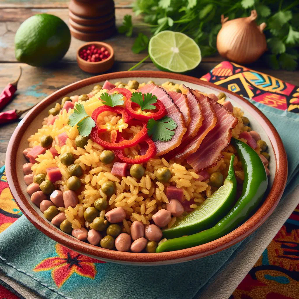 Arroz con gandules, seasoned rice with pigeon peas served in a bowl