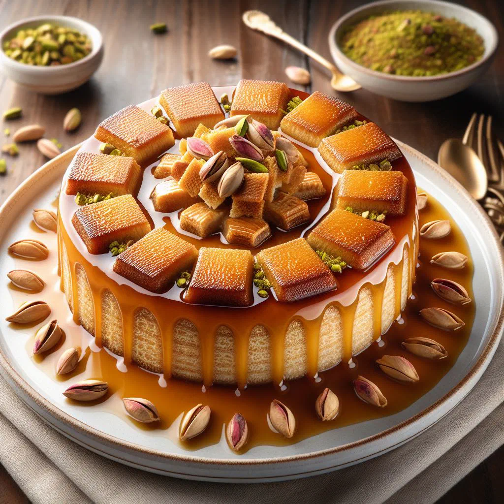 Aish Saraya bread pudding topped with chopped pistachios and almonds
