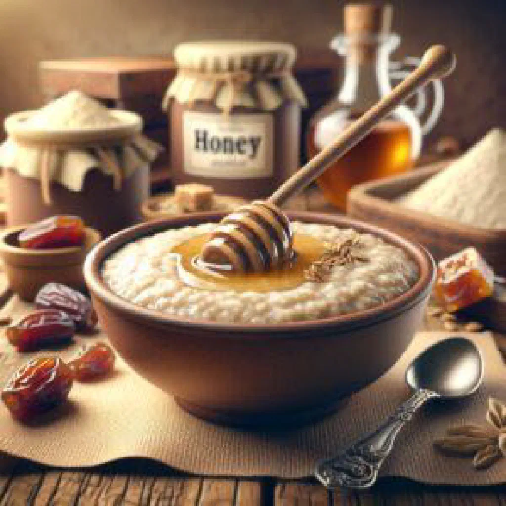 Smooth mound of Qatari aseed drizzled with honey in a shallow bowl