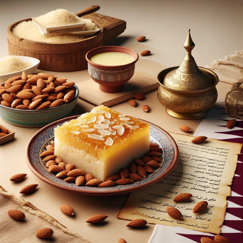 Golden basbousa semolina cake soaked in sugar syrup, cut into diamonds