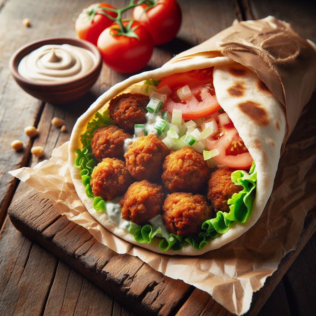 Falafel wrap filled with crispy chickpea patties, fresh vegetables and creamy sauce