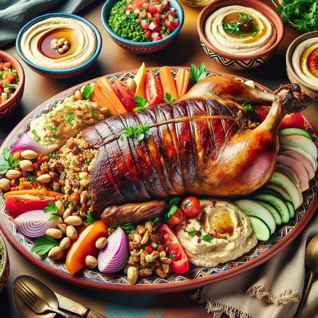 Ghuzi with tender lamb over spiced rice, scattered with roasted nuts and raisins