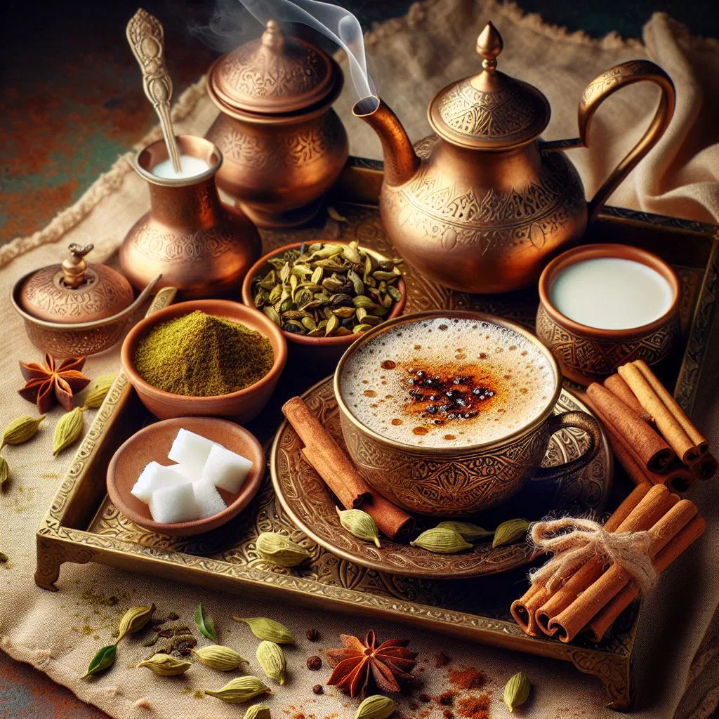 A glass of creamy karak tea with cardamom and a milky froth