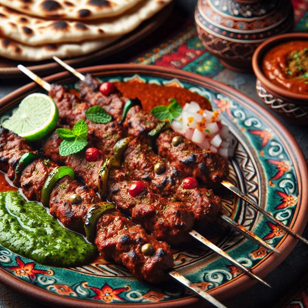 Grilled kebab hindi skewers with pita bread and dipping sauces