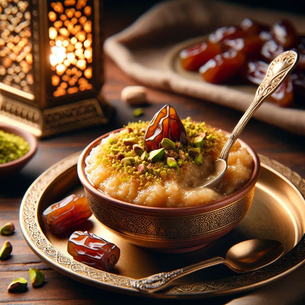 Bowl of creamy Khabeesa semolina pudding topped with nuts and dried fruit