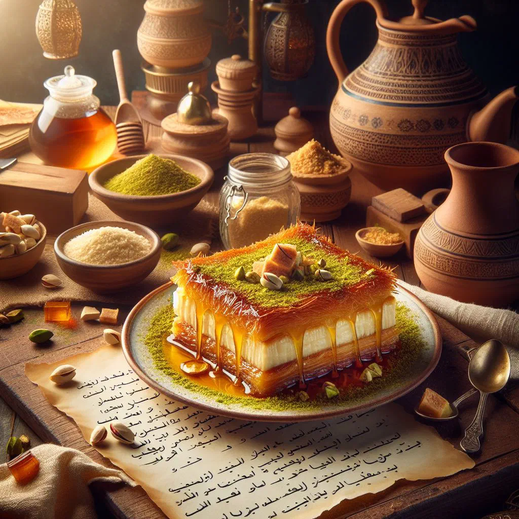 Golden baked knafeh topped with crushed pistachios and sugar syrup