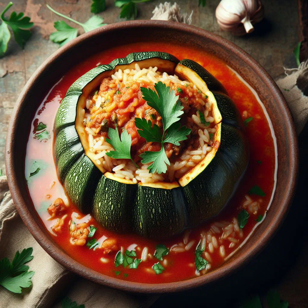 Stuffed courgettes simmered in a spiced tomato sauce, garnished with fresh herbs