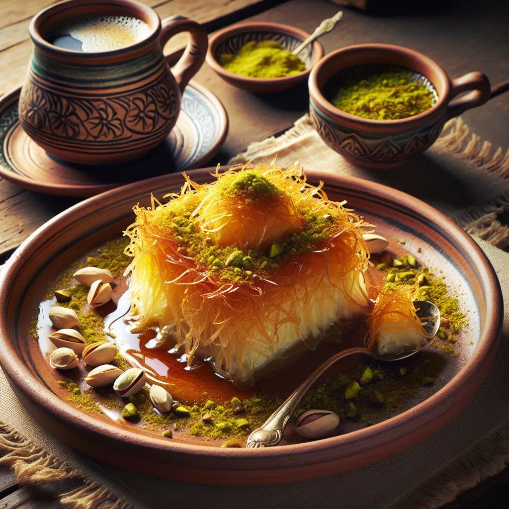 Golden kunafa topped with chopped pistachios and drizzled with syrup
