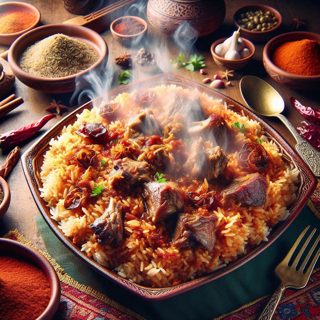 Spiced Machboos rice with tender chicken and fresh herbs on a platter