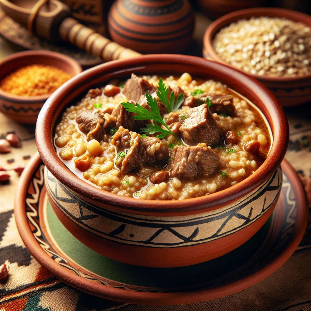 Creamy Madrouba with shredded chicken and fresh parsley in a bowl