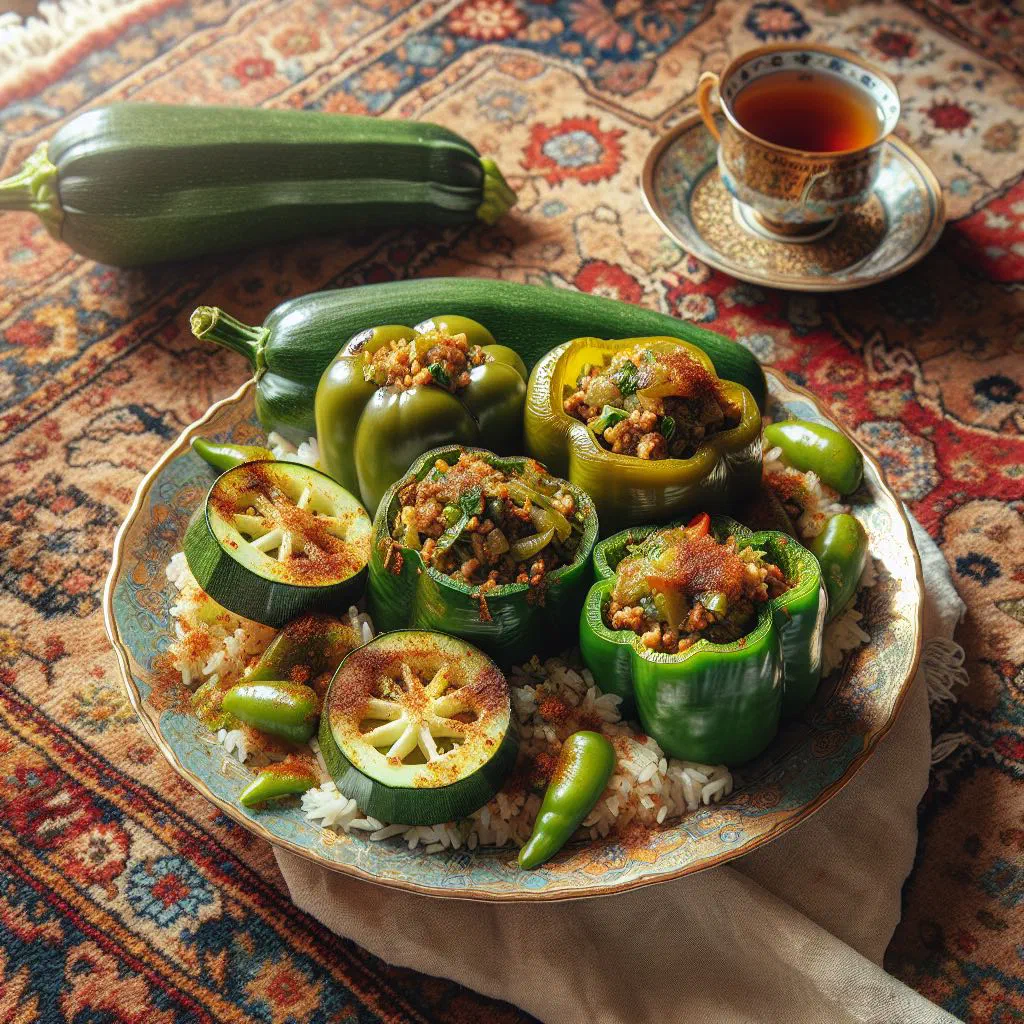 Stuffed courgettes and peppers filled with spiced rice and meat