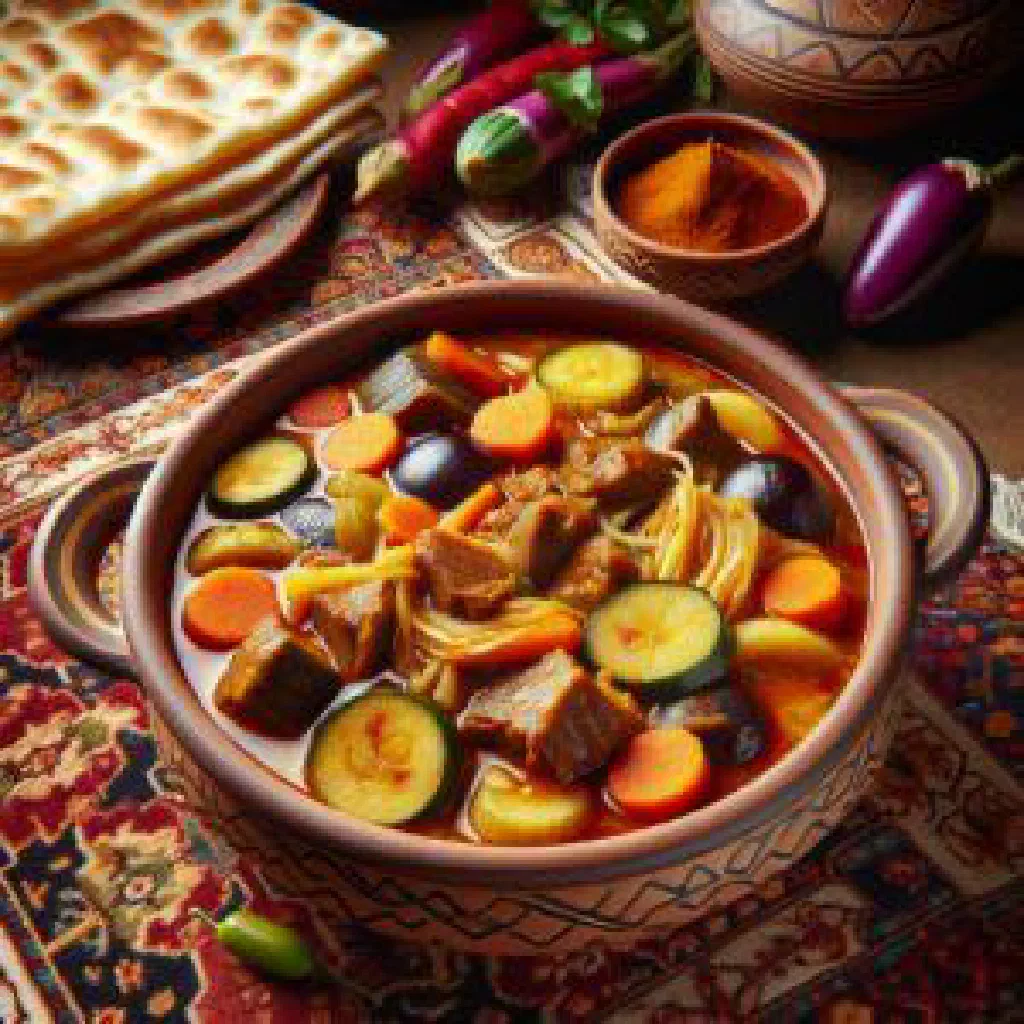 A hearty bowl of Qatari margooga stew garnished with fresh coriander