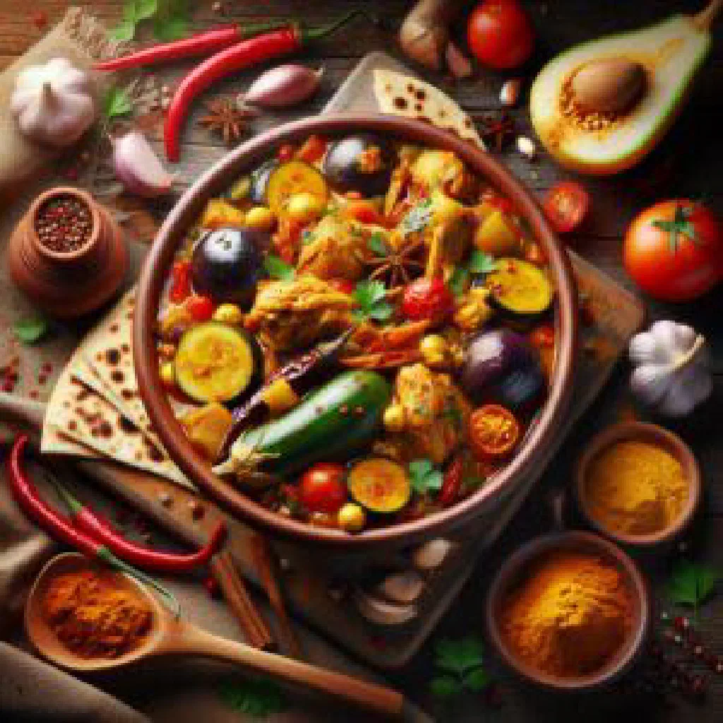 Bowl of Qatari marguga stew with tender spiced meat and fresh herbs