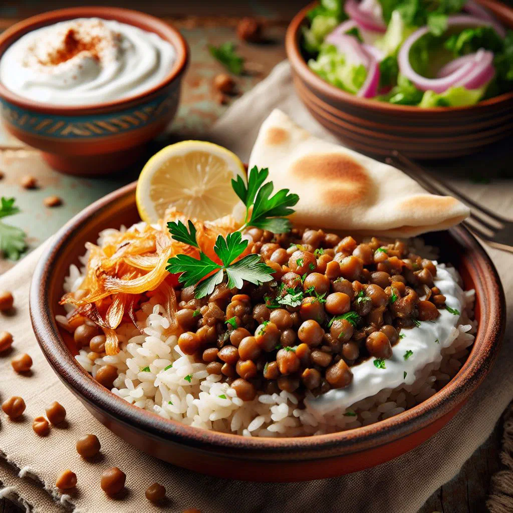 Mujadara of rice and lentils topped with golden caramelised onions