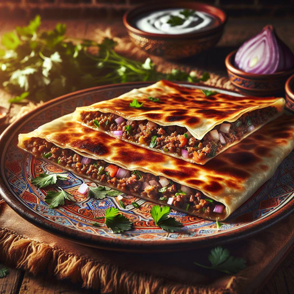 Golden pan-fried Mutabbaq stuffed pastries filled with spiced minced meat