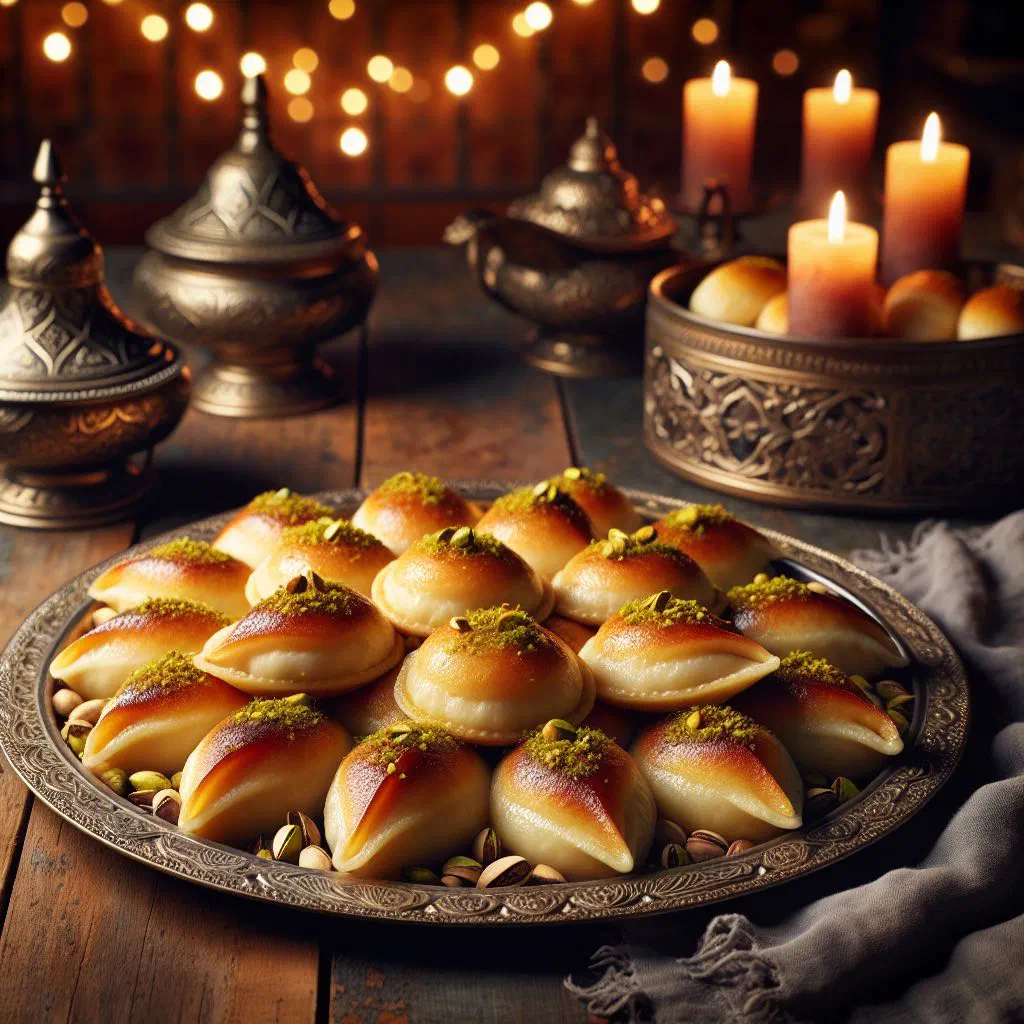 Folded qatayef pancakes filled with nuts and drizzled with syrup