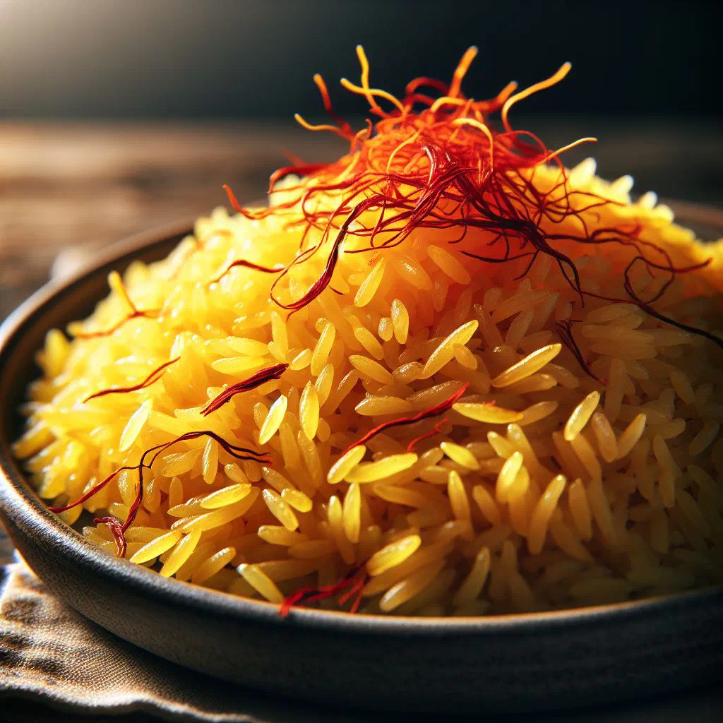 Golden saffron rice garnished with fresh herbs in a serving bowl
