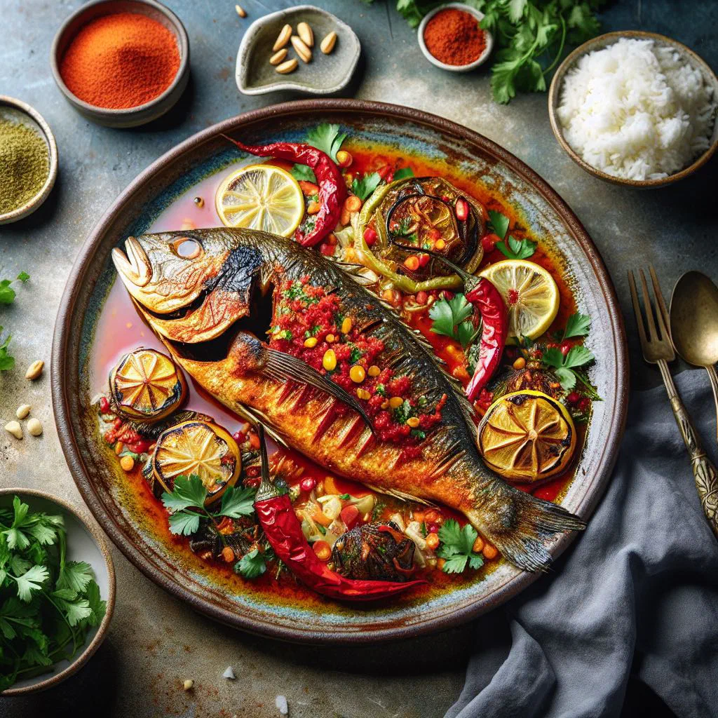 Grilled fish coated in a spicy garlic and coriander marinade with lemon
