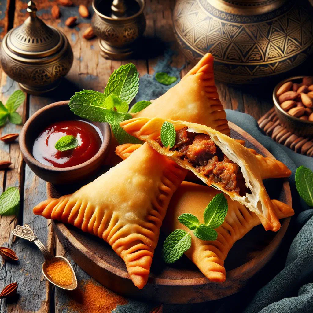 Golden, crispy samboosa pastries with a spiced filling on a serving plate