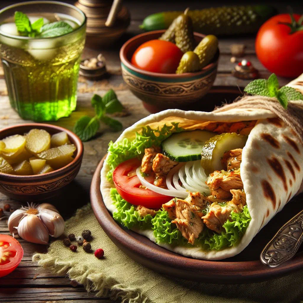 Chicken shawarma in soft flatbread with fresh vegetables and sauce