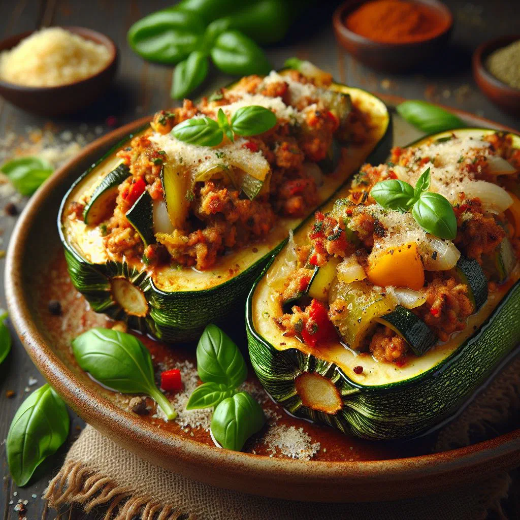 Halved courgettes filled with spiced mince and rice, garnished with parsley